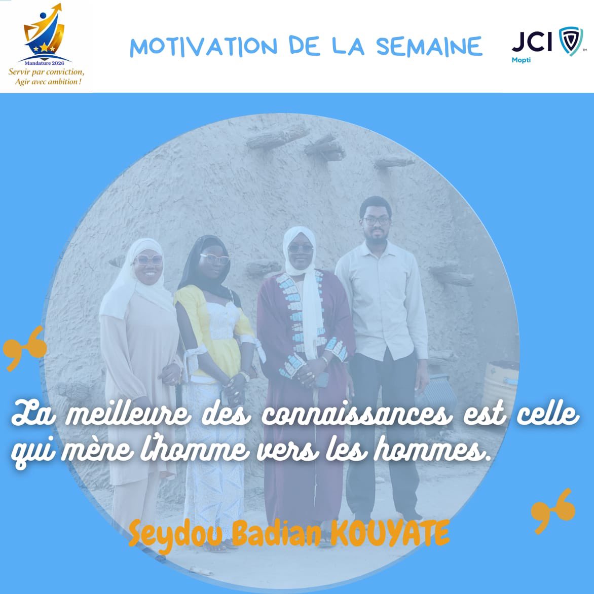 Nous croyons 🟰ment que la vraie connaissance se traduit par l’engagement, la solidarité &amp; l’action au service de la communauté.
 
Bonne semaine tout en cultivant 1 leadership responsable &amp; tourné vers les autres.
#JCIMopti #Motivation #Leadership #Engagement #Connaissance