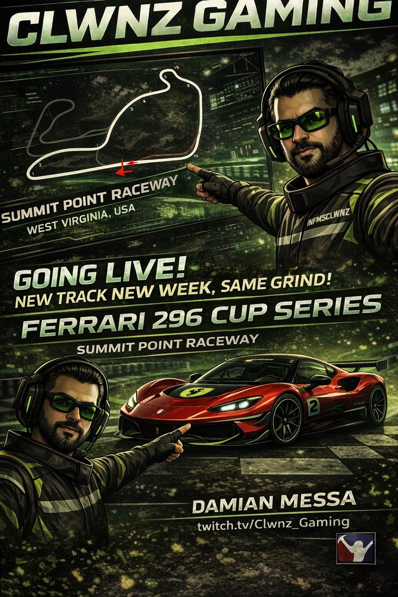 Clwnz_Gaming's tweet photo. We will be live tonight at 8pm mst!! New track this week! https://t.co/A32nwVGxzy #iRacing #SimRacing #Ferrari296 #SimRacingCommunity #LiveRacing https://t.co/6qybHNDbOV