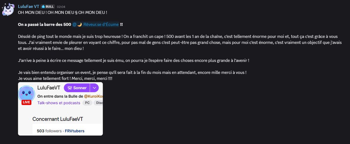 Je.... j'ai juste envie de pleurer !!
Merci à toue le monde !

Merci à tous ceux qui m'ont raid, ont participer à l'émission Dans Leur Bulle, sont venu me soutenir, jouer avec moi, juste passé un coup d'oeil !!

On est à 500 followers et, tout ça c'est grâce à vous !!!
Merci 🩵🩵