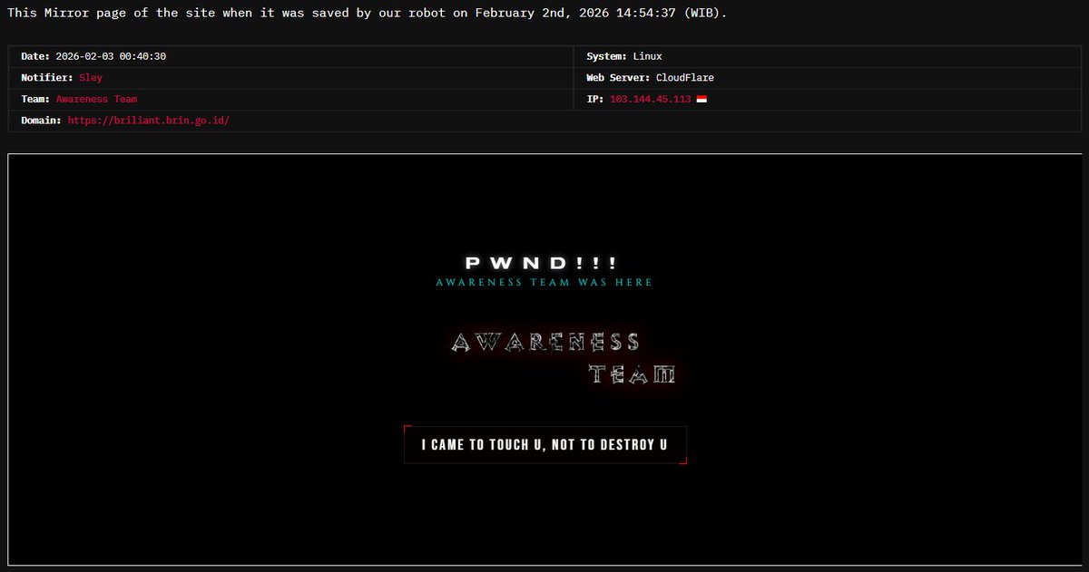 National Research and Innovation Agency (BRIN) hacked, Notified by Sley (Awareness Team)

🔗 defacer.id/mirror/id/2352…