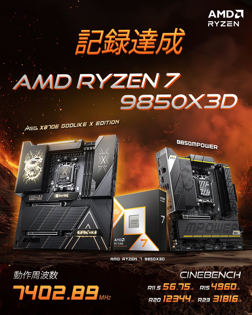 msicomputerjp's tweet photo. 🏆 記録達成
AMD Ryzen™ 7 9850X3D
⚡ 最大 7,402.89MHz
 Cinebench R23 31,816 cb

MEG X870E GODLIKE X EDITION ＆ B850MPOWER
限界性能、ここに到達。

#AMD #Ryzen #9850X3D #Cinebench #MSI https://t.co/STEJMwWKjv