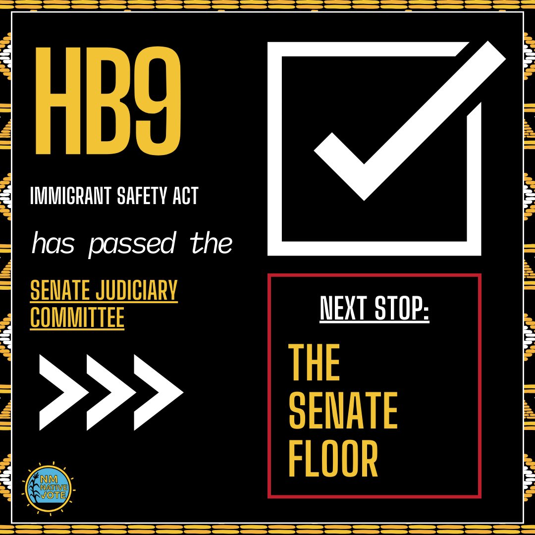 NativeVoters's tweet image. HB9, the Immigrant Safety Act, passed Senate Judiciary and is headed to the Senate Floor 🙌🏽🎉

📢 Call or email your senator and urge a Do Pass on HB9. New Mexicans deserve safety and dignity, not fear.

Let’s get HB9 to the governor’s desk. ✊🏽💛
#NMNativeVote #PassHB9 #NMLegis