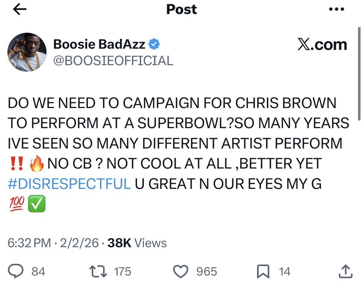 Boosie wonders if there needs to be a campaign to get Chris Brown to perform at the Superbowl