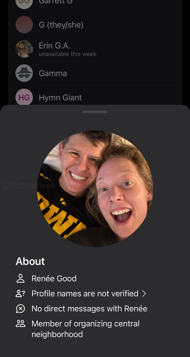 buttonslives's tweet image. I identified an account using the name and photo of Renée Good in a Defend the 612 Signal neighborhood chat where she lived. After her death and the media attention that followed, organizers began encouraging nicknames and greater anonymity.