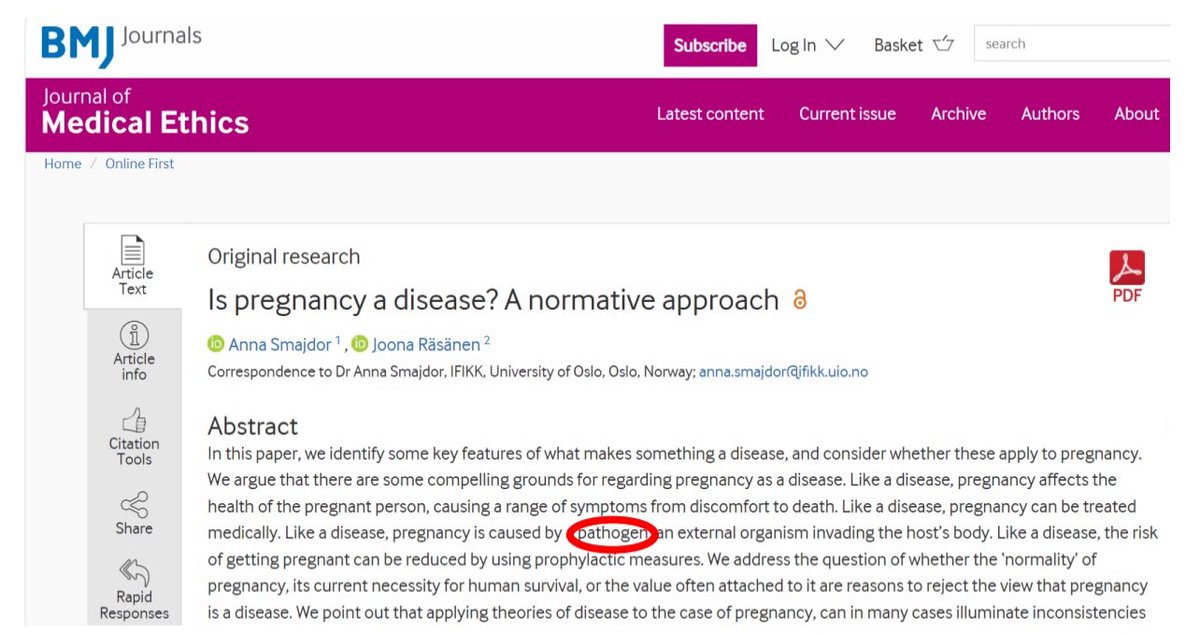 HSRdirector's tweet image. I’m using this slide in an upcoming talk and I still can’t believe that this happened. 

that the journal of medical ethics published a piece that said pregnancy is caused by a “pathogen”
