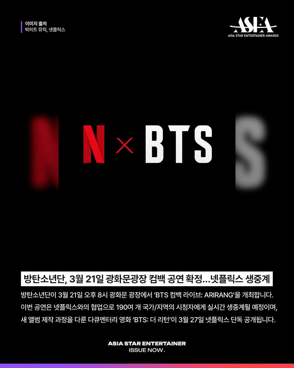 asea_official's tweet image. 𝗔𝗦𝗜𝗔 𝗦𝗧𝗔𝗥 𝗘𝗡𝗧𝗘𝗥𝗧𝗔𝗜𝗡𝗘𝗥 𝗜𝗦𝗦𝗨𝗘 𝗡𝗢𝗪📰
#방탄소년단 #BTS

서울 광화문 광장에서 펼치는
방탄소년단의 ‘ARIRANG’ 컴백 무대🌟

넷플릭스와의 협업으로 진행되는
실시간 생중계와 다큐멘터리 영화까지🎁

🏆𝐀𝐒𝐄𝐀 𝟐𝟎𝟐𝟔🏆
#COMINGSOON

💌2월 월간 투표 진행 중 (~2/28)…
