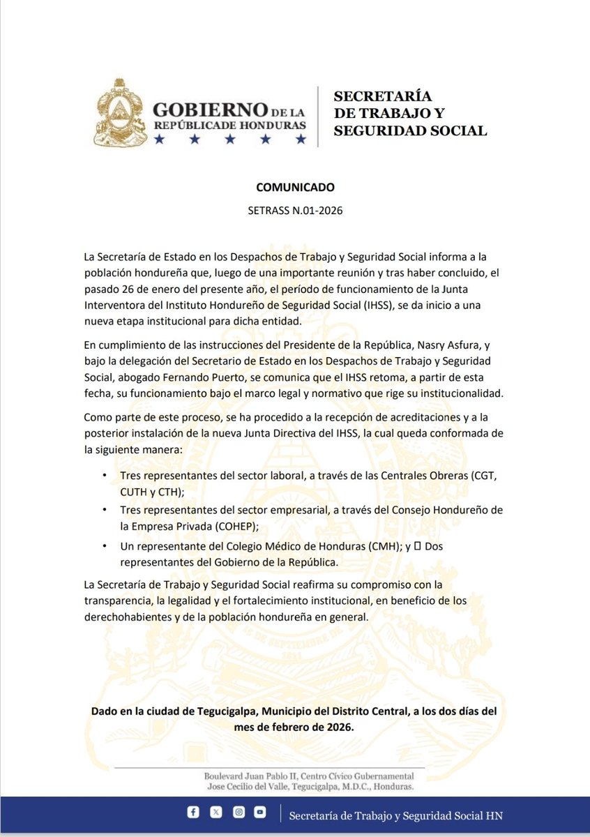 📢 Comunicado oficial. 
La Secretaría de Trabajo y Seguridad Social informa que el IHSS inicia una nueva etapa institucional, retomando su funcionamiento bajo el marco legal y normativo.