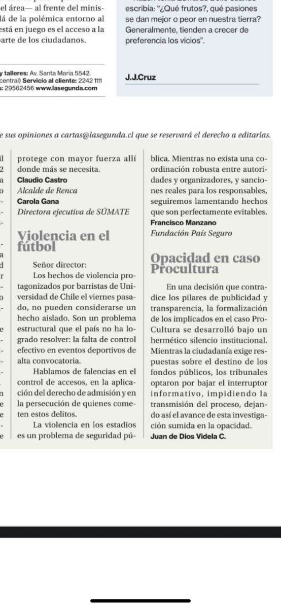 FPS_Chile's tweet image. [La Segunda]  “Violencia en el fútbol” por Francisco Manzano, director de fundación País Seguro