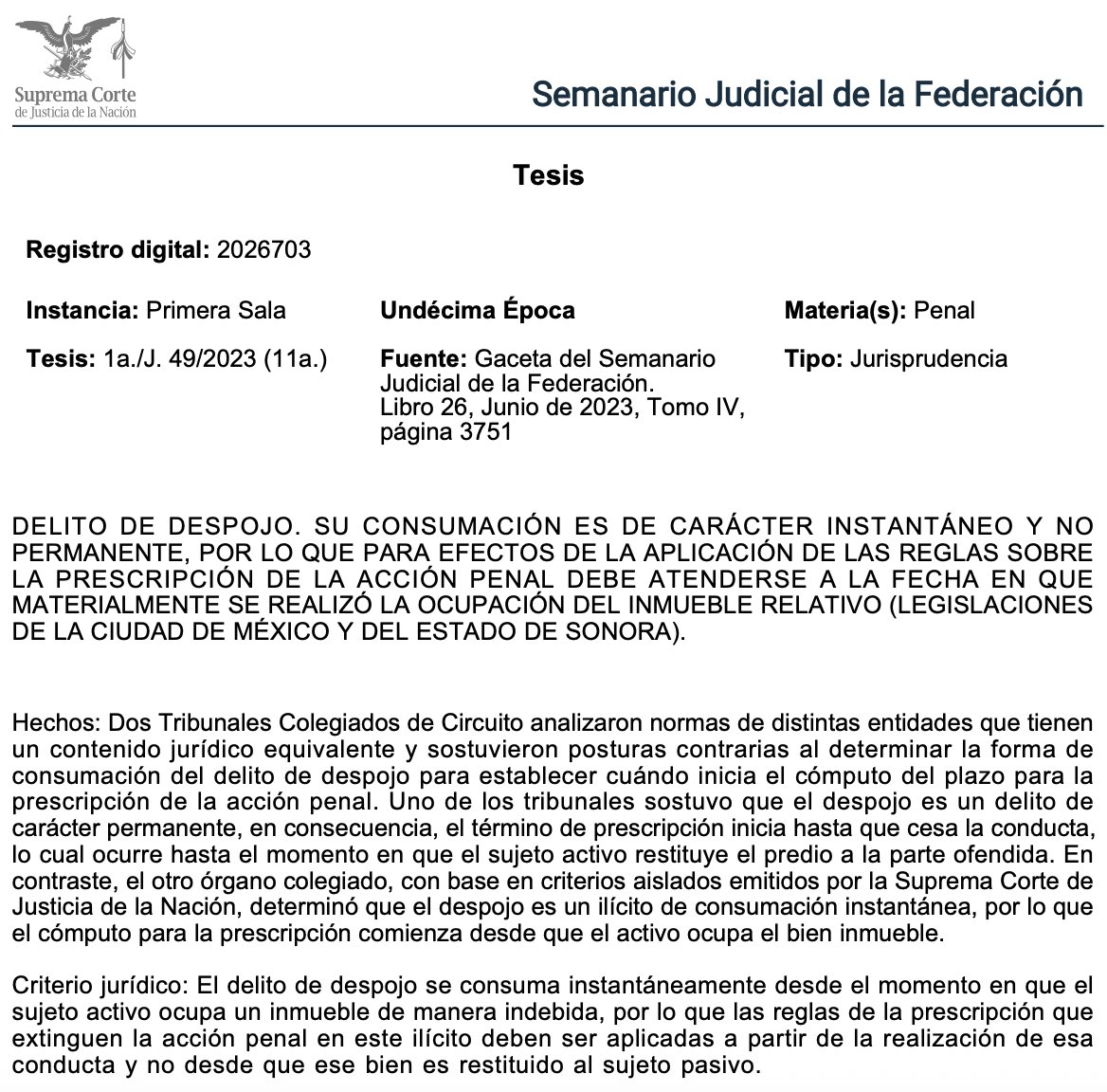 Adrianreginoo's tweet image. 🏠 Despojo: el delito ocurre en un momento… no mientras dure la ocupación

Este criterio deja algo clave en materia penal: el despojo se consuma de forma instantánea ⚖️. Es decir, el delito se configura en el momento exacto en que alguien ocupa ilícitamente un inmueble —por…