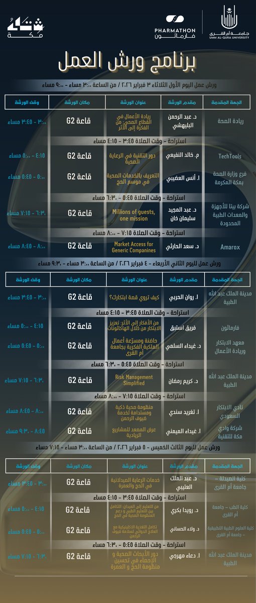 يسرنا الاعلان عن برنامج ورش العمل المصاحبة لمنتدى #فارماثون ٢٠٢٦: التميز في الرعاية الصحية الصيدلانية لخدمة ضيوف الرحمن.
#جامعة_أم_القرى 
#Pharmathon 
#شتاء_مكة
