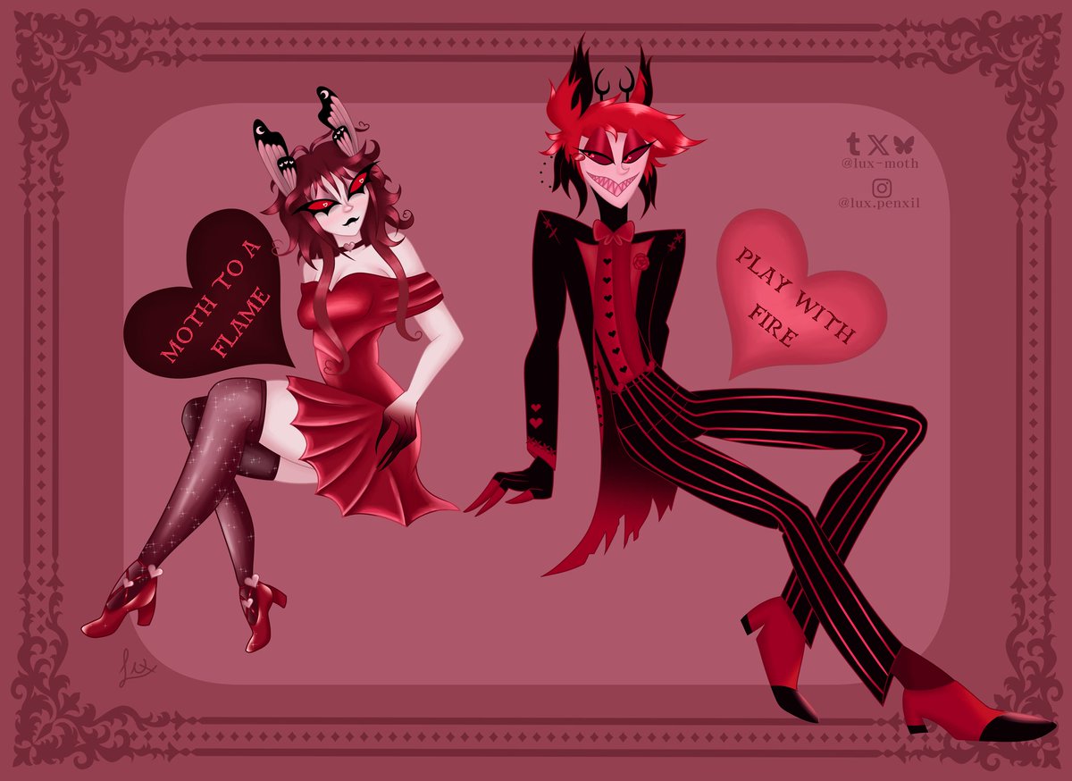 lux_moth's tweet image. February just started but I need to post this Valentine's illustration already 🤭💖  
#hazbinhotel #originalcharacter #oc #alastor