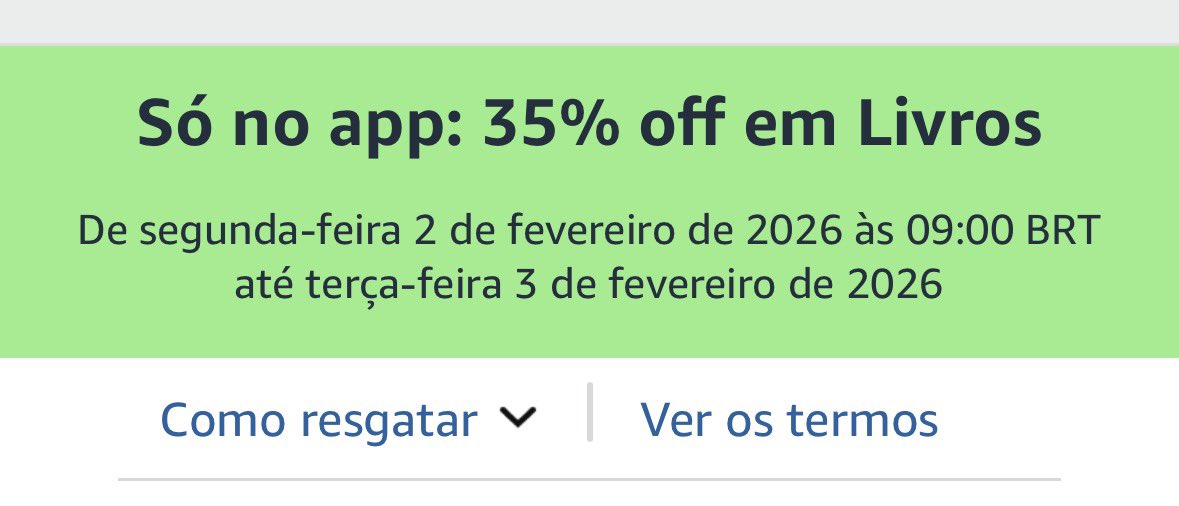 ofertadlivros's tweet photo. CUPOM DE 35% OFF EM LIVROS!!! 🚨

35% de desconto nos livros disponíveis na seleção abaixo 👇 

https://t.co/FpWrBaV3vB
https://t.co/FpWrBaV3vB

🎟️ Use o cupom: 35APPLIVROS (no app)
*por tempo limitado https://t.co/lKsrQKnYTU