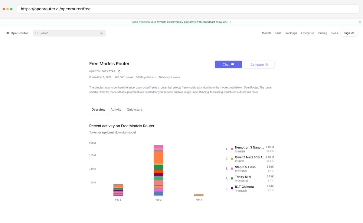 There's a new router: Free Models Router(openrouter/free) on <a href="/OpenRouterAI/">OpenRouter</a> now.

200,000 context
$0/M input tokens$0/M output tokens

The simplest way to get free inference 👍