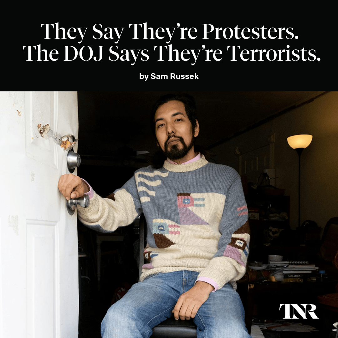 newrepublic's tweet photo. The federal government rounded up 18 activists tied to an anti-ICE protest in Texas, claiming they were part of an antifa cell. And it's the first big test of Trump’s crackdown on free speech. https://t.co/tdiFjbwzef https://t.co/CDtXSRHiZS