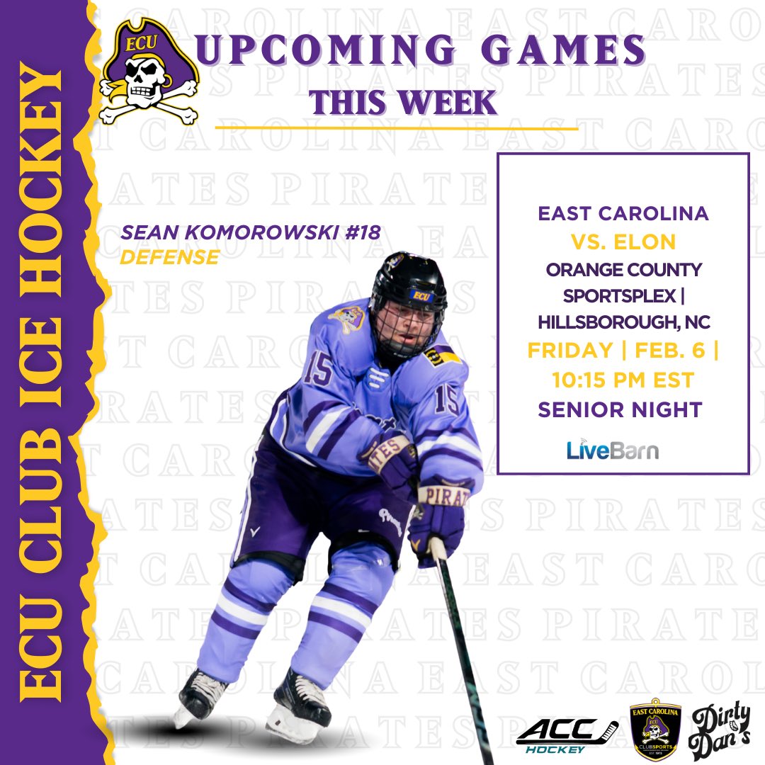 ECUHOCKEY's tweet photo. THIS WEEK IN PIRATE HOCKEY 🏒 🏴‍☠️

VS: @elonuhockey 
🏒🫳PUCK DROP AT 10:15 PM EST
📍: Orange County Sportsplex | Hillsborough, NC
📺: LiveBarn
🎉 SENIOR NIGHT👨🏻‍🎓
*
*
*
#ECUhockey #CollegeHockey #ECU #PirateHockey #ACCHockey 

#WeTheEast🏴‍☠️ https://t.co/h7tu95QyMU