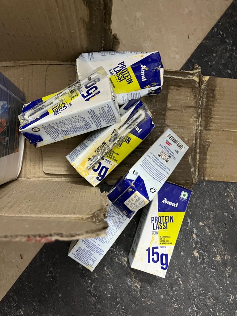 drskverma355's tweet photo. @amulcares @Amul_Coop  I have received damage products of amul plain lassi. More than half packet has been spilled out. Its in worst condition. I haven't expected this from you people. It's a fraud.

AWB NO.-  16031711734482
Order ID- OID1071471
Complaint no.- P26005157 https://t.co/H3gVexesdn