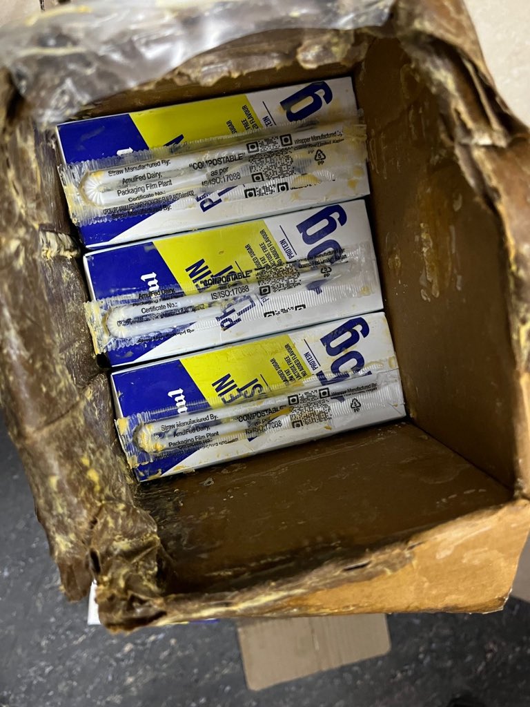 drskverma355's tweet photo. @amulcares @Amul_Coop  I have received damage products of amul plain lassi. More than half packet has been spilled out. Its in worst condition. I haven't expected this from you people. It's a fraud.

AWB NO.-  16031711734482
Order ID- OID1071471
Complaint no.- P26005157 https://t.co/H3gVexesdn