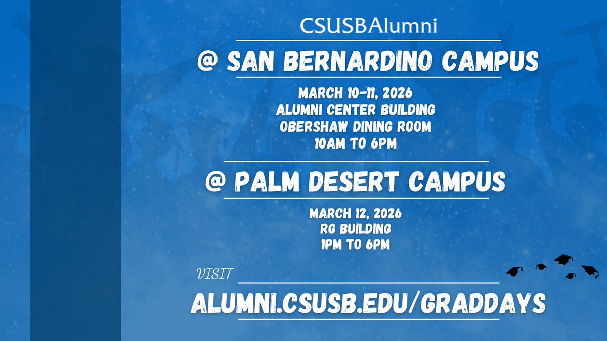 CSUSBAlumni's tweet image. Grad Days is here! 🎓 🎉 

Shop all your graduation gear, connect with campus departments and vendors!

📅 March 10–12, 2026
📍 Obershaw Dining Room
📍  RG Building
🔗 Register at alumni.csusb.edu/graddays
#CSUSB #CSuSBAlumni #CSUSBGrad #CoyotePride #ClassOf2026