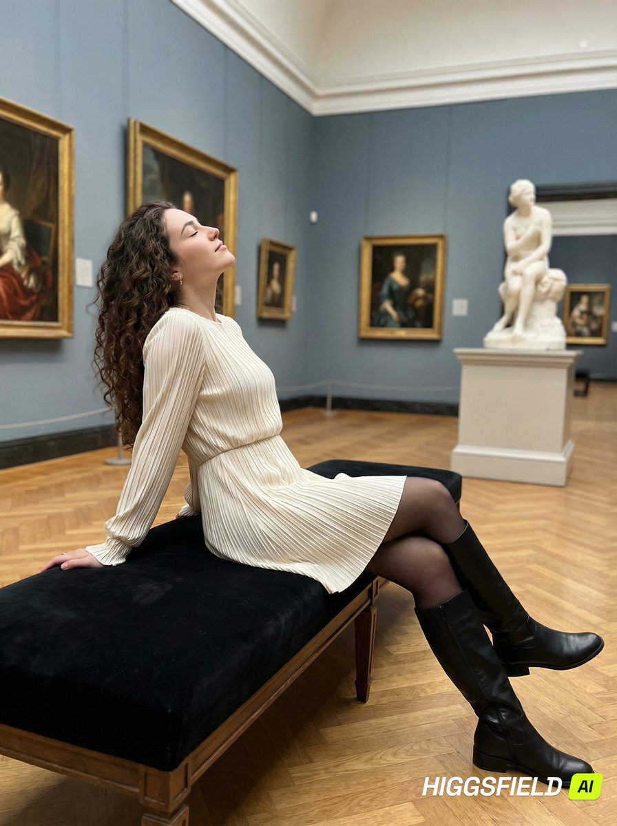 saniaspeaks_'s tweet photo. Nano banana Pro on @higgsfield_ai 

{
  "image_generation": {
    "subject": {
      "description": "young woman resting elegantly inside an art museum",
      "pose": "sitting on a black velvet bench, leaning back with hands resting behind her, head tilted upward",
      "expression": "serene, reflective, peaceful",
      "gaze": "eyes closed, face tilted toward the ceiling"
    },
    "appearance": {
      "hair": {
        "color": "dark brown",
        "style": "long, voluminous, naturally curly, flowing freely"
      },
      "face": {
        "skin_tone": "light to medium with warm undertones",
        "makeup": "minimal, natural museum-appropriate makeup"
      },
      "accessories": [
        "small gold earrings"
      ]
    },
    "outfit": {
      "dress": "cream-colored pleated long-sleeve dress with a fitted waist",
      "hosiery": "sheer black tights",
      "footwear": "black knee-high leather boots with chunky soles"
    },
    "environment": {
      "setting": "classic art museum gallery",
      "background_elements": [
        "framed classical oil paintings in gold frames",
        "wooden parquet flooring",
        "decorative pedestal with white sculpture",
        "muted blue-gray gallery walls"
      ],
      "atmosphere": "quiet, refined, contemplative"
    },
    "lighting": {
      "type": "soft indoor museum lighting",
      "direction": "even overhead lighting",
      "quality": "gentle, diffused, highlighting textures and artwork"
    },
    "camera": {
      "angle": "side profile view",
      "framing": "full-body shot",
      "lens": "35mm",
      "depth_of_field": "moderate, subject sharp with softly detailed background"
    },
    "aesthetic": {
      "style": "fine art lifestyle photography",
      "vibe": "elegant, artistic, timeless",
      "color_palette": "warm wood tones, muted blues, soft neutrals"
    },
    "quality": {
      "realism": "highly realistic",
      "resolution": "high resolution",
      "look": "editorial museum photography"
    }
  }
}