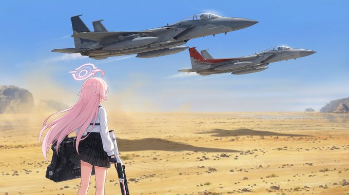 #ブルーアーカイブクロスオーバー 
#エースコンバット 
「あれが"先生"が寄越した援軍かぁ……お手並み拝見かな」

『誰かいるぞ。挨拶してやろう。相棒』 