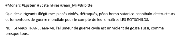 andreileterrib1's tweet photo. #Monarc #Epstein #EpsteinFiles #Jean_Mi #Bribitte

Que des dirigeants illégitimes placés violés, détraqués, pédo-homo-satanico-cannibalo-destructeurs et fomenteurs de guerre mondiale pour le compte de leurs maîtres LES ROTSCHILDS.

https://t.co/pTkZZ0wN3K
https://t.co/H57DXQCIIC https://t.co/hqzzlV1eUV