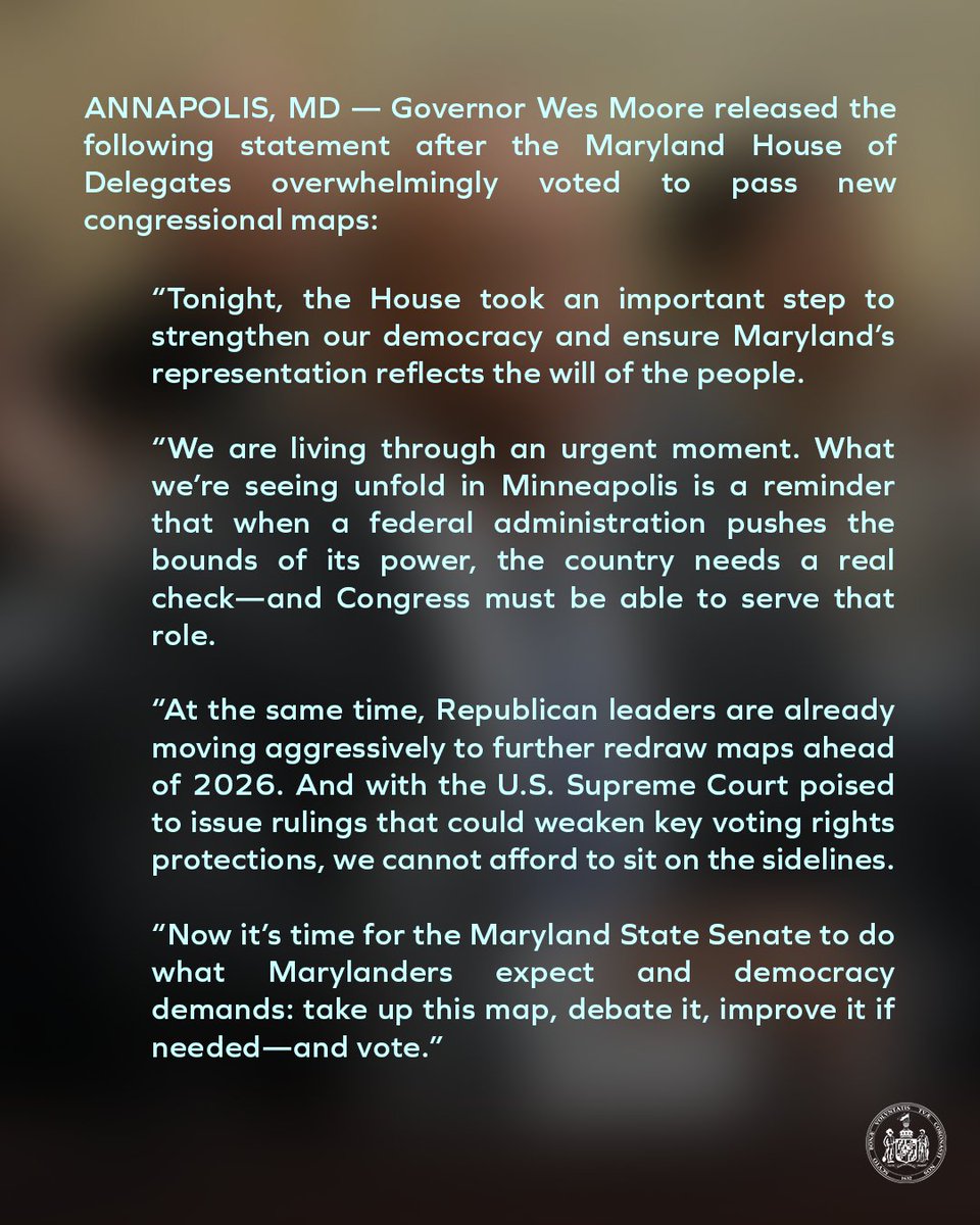 My statement on the Maryland House of Delegates overwhelmingly voting to pass new congressional maps.