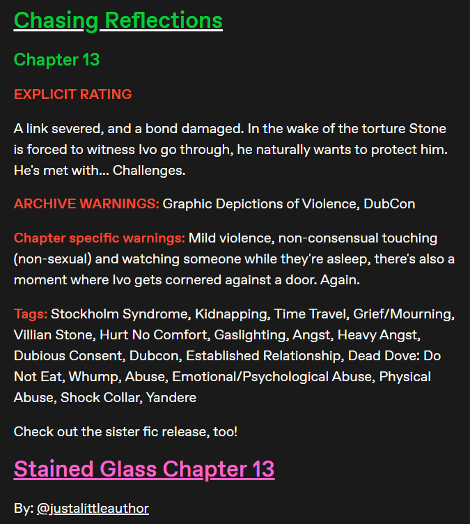 We're finally back at it, Chapter 13 of <a href="/JustAnxiousFics/">Just A Little Author</a> and I's fics are finished! Enjoy, we promise next chapter will be on time !💚#stobotnik #stobotnikfic #villainstone 
Chasing Reflections: archiveofourown.org/works/69836981…
Stained Glass: archiveofourown.org/works/69837711…