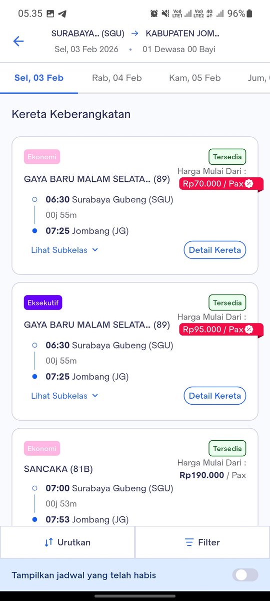 clypsonabastala's tweet photo. @KAI121 Selamat pagi min, ini kok ga berubah jadi tarif khusus ya untuk KA SANCAKA, biasanya untuk tarsus akan jadi merah pada harganya https://t.co/qGyvDygWsF