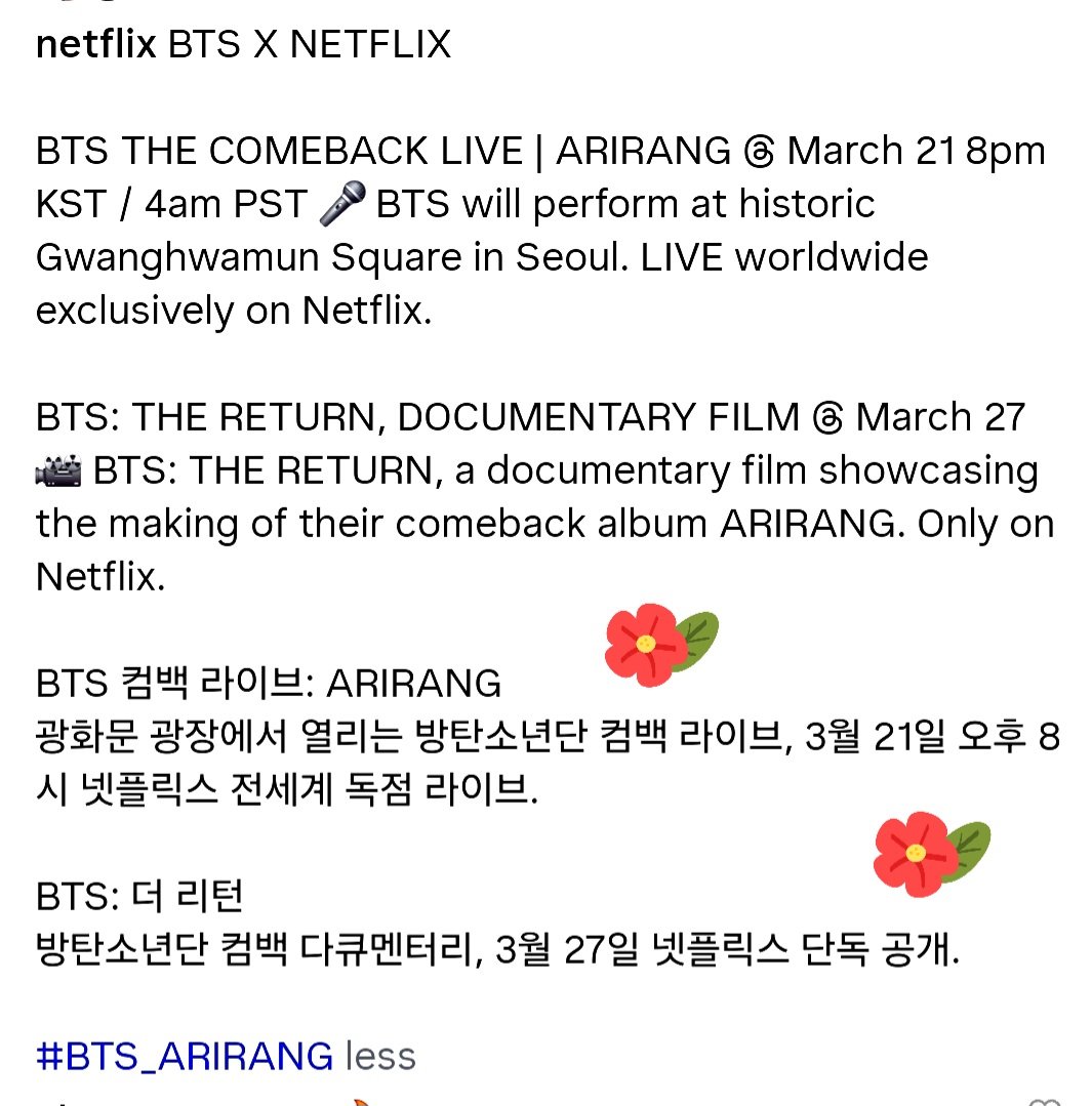 Official announcement for #BTSCOMEBACK at <a href="/gwanghwamun/">전라좌수사</a> square 
March 21st 8 p.m. KST, 7 a.m. EST &amp; 
4 a.m. PST, the first day of spring. Will be live streamed on <a href="/netflix/">Netflix</a>
WE ARE SO BACK &amp; ARMY IS READY MY LOVES #BTS_WORLDTOUR #SELFCAREWITHBTS