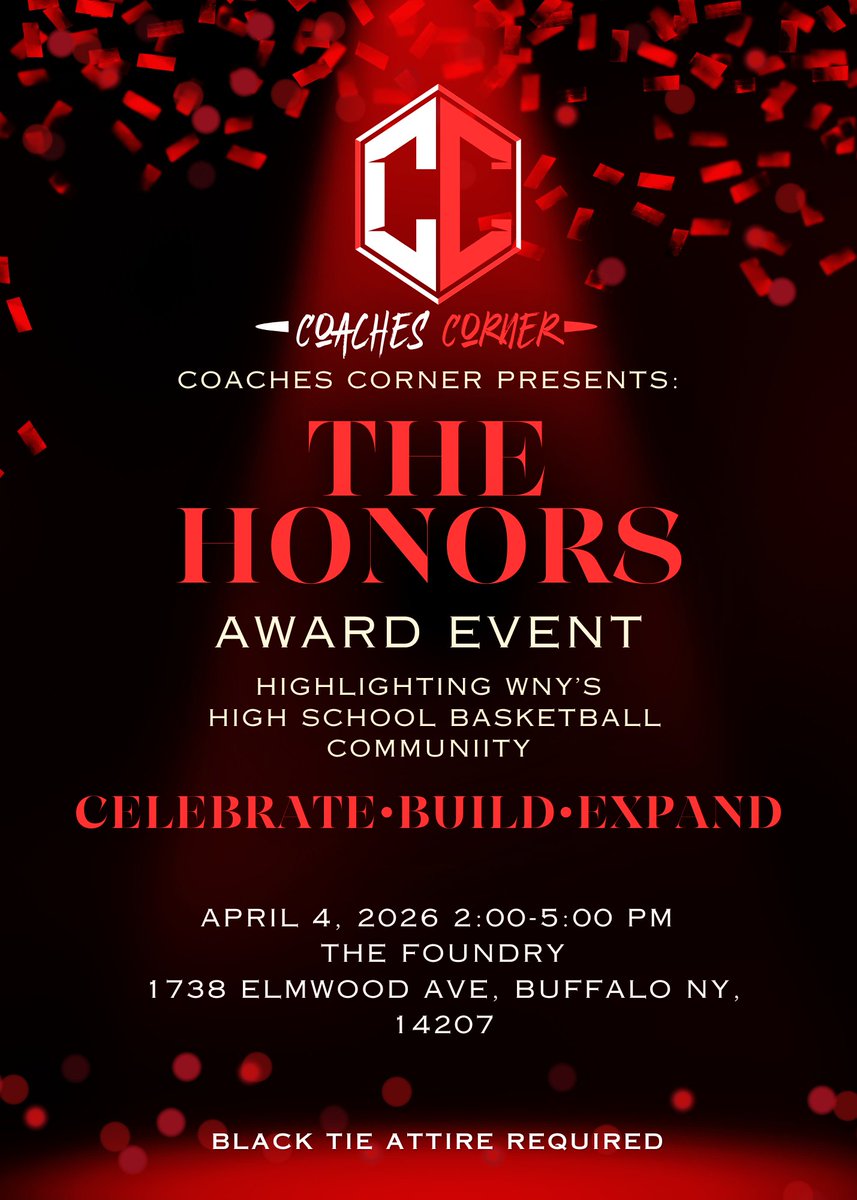 THE HONORS AWARD EVENT

Western New York Coaches Corner proudly presents The Honors! An awards experience celebrating the elite of WNY high school basketball.

Inspired by the game. Built for the culture.
This is where we celebrate, build, and expand together.

📍 The Foundry |