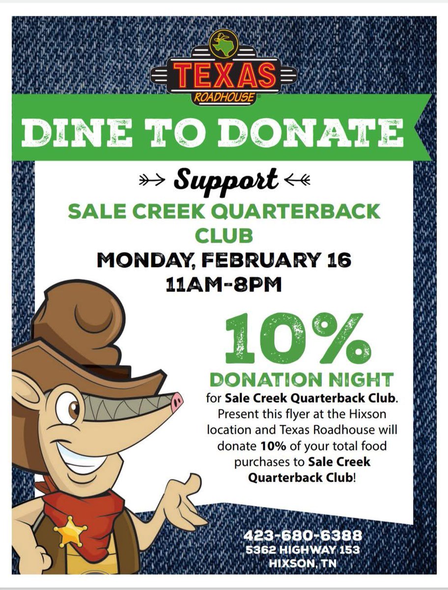 📌🗓️Save the date to come support Sale Creek Football!🐾🏈

This coming President's Day, Monday, February 16th, come have LUNCH or DINNER at Texas Roadhouse - Hixson; show the flyer below to your server and a portion of your sales will go to help the Sale Creek Football program!