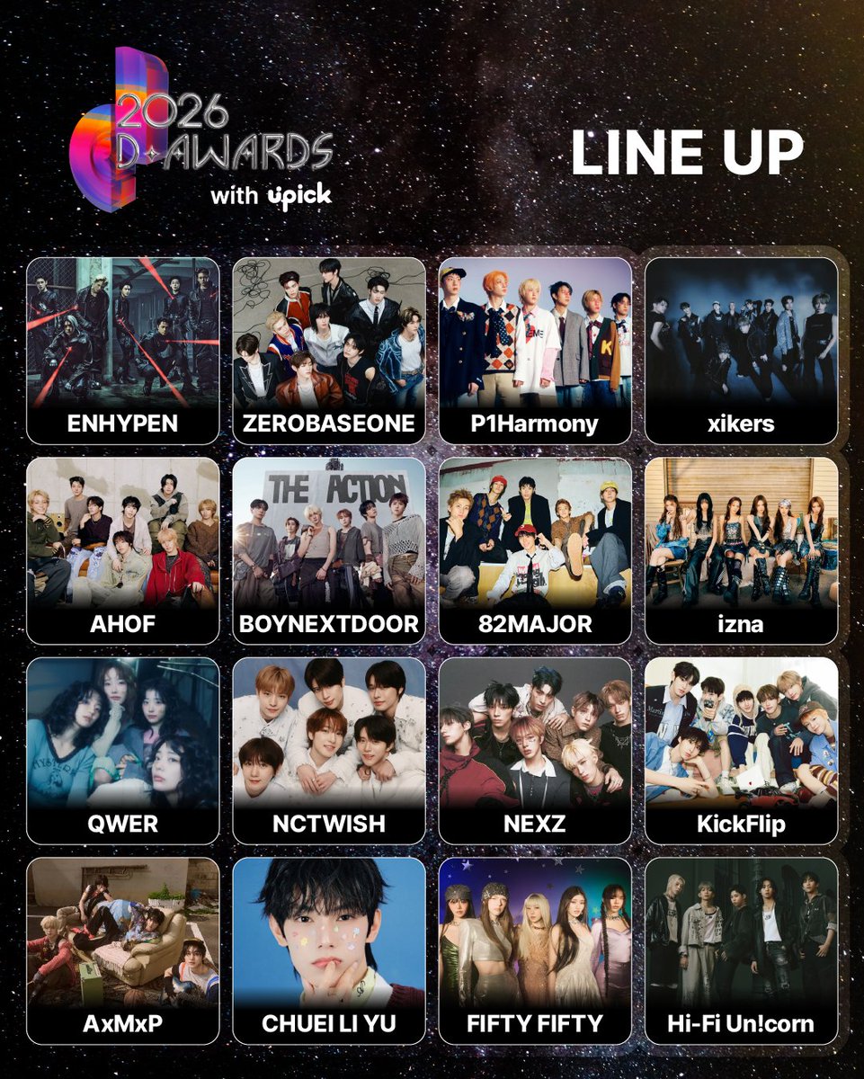UPICK_twt's tweet image. 🏆D Awards🏆

✨최종 라인업✨
#엔하이픈 #제로베이스원 #피원하모니 
#싸이커스 #아홉 #보이넥스트도어 
#82메이저 #이즈나 #QWER #엔시티위시 
#넥스지 #킥플립 #에이엠피 #최립우 
#피프티피프티 #하이파이유니콘

✨Line Up✨
#ENHYPEN #ZEROBASEONE #P1Harmony
#xikers #AHOF #BOYNEXTDOOR…