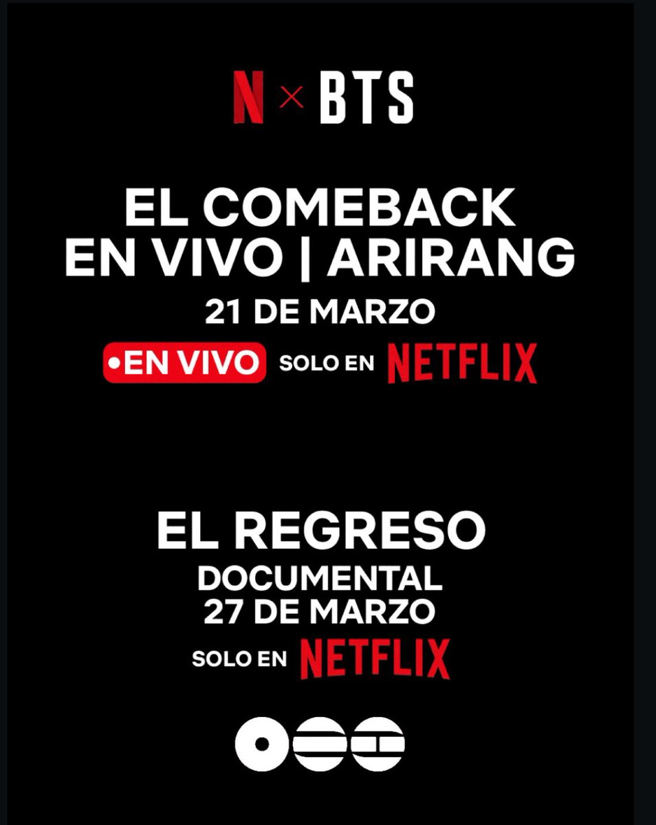 JiniChannel's tweet photo. #Netflix anunció que transmitirá en exclusiva “BTS THE COMEBACK LIVE: ARIRANG”,  el 21 de marzo, incluido en todos los planes de la plataforma. El evento será acompañado por un documental que narra el proceso creativo y el regreso del grupo, en paralelo al lanzamiento del álbum
+ https://t.co/ShaJyoF57t