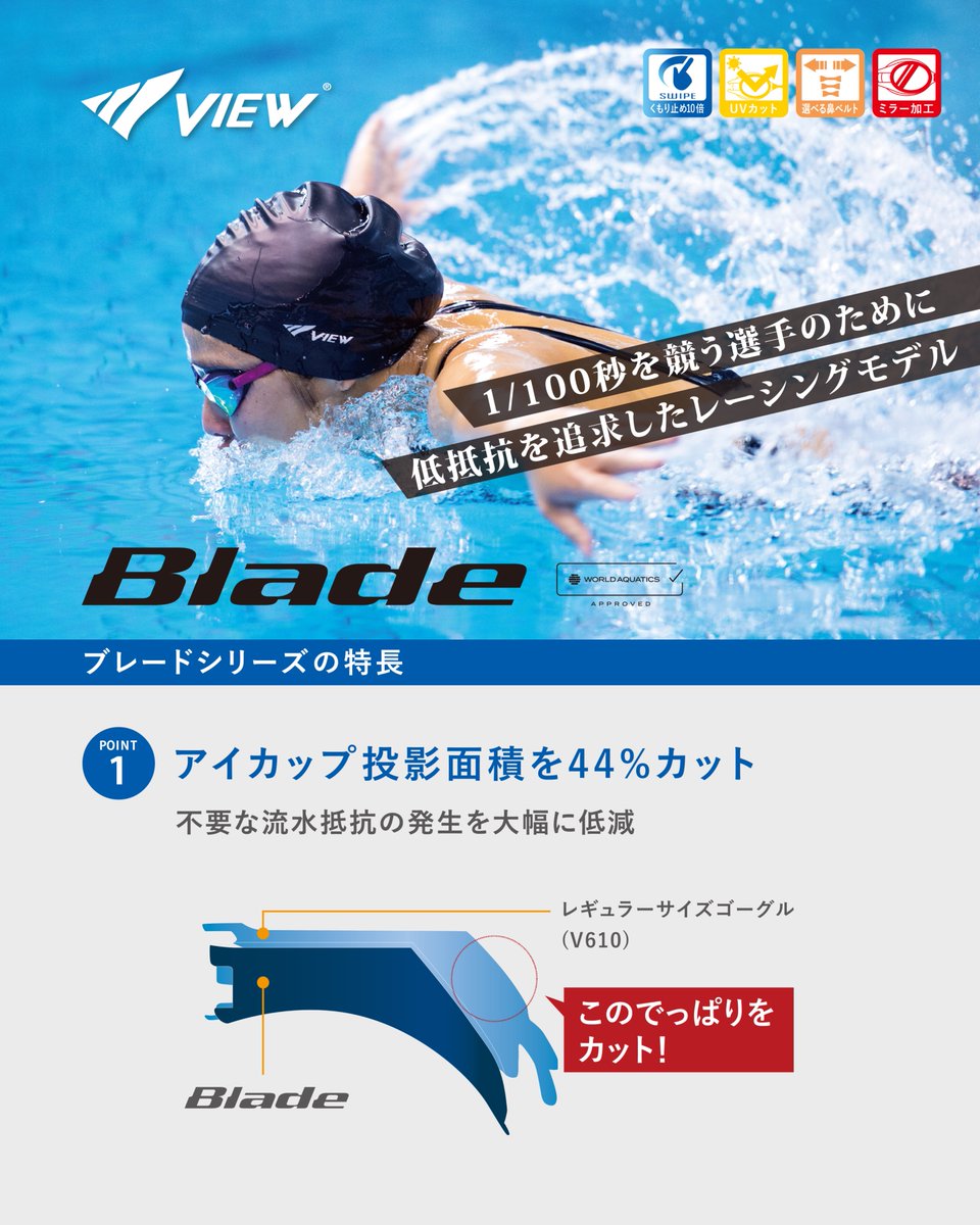 view_swim's tweet photo. 低抵抗を徹底的に追求したレーシングモデル【Blade】は
多くの競泳選手に支持されているゴーグルです！

ストラップや鼻ベルトもブルー
一色で統一された【CBLBL】は、
まぶしさを感じる強い��色光をカット。
爽快感を得られる人気のカラーです！

#viewゴーグル  #日本製 #レーシングゴーグル https://t.co/m5IbNvuKGL