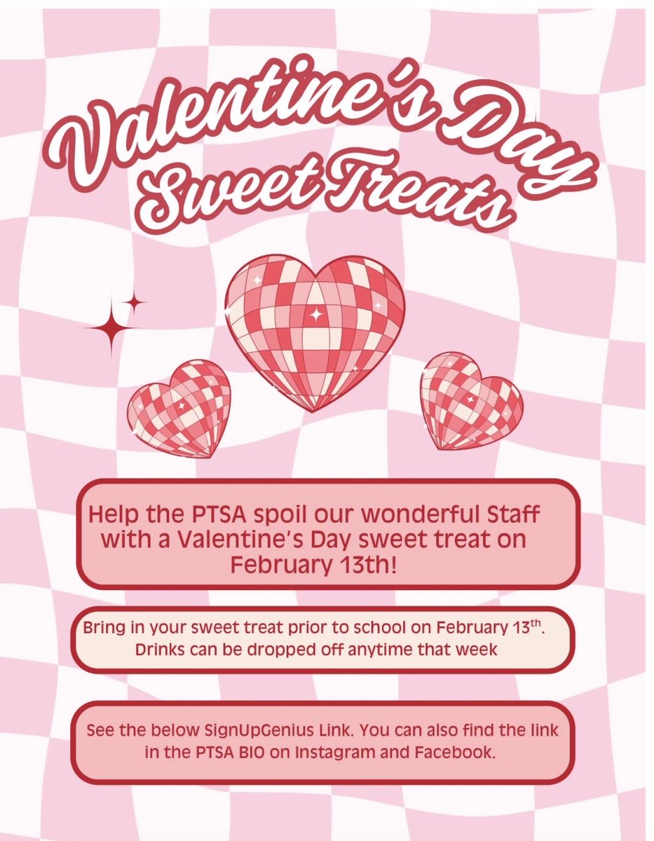 CanyonSpringsDV's tweet photo. Our PTSA is hosting Valentine’s Day Sweet Treats for staff on Feb. 13 ❤️
Drop off treats before school or drinks anytime that week!
🔗 SignUpGenius link: https://t.co/jIe9XhyCPk
#PTSA #ValentinesDay #ThankYouTeachers @DVUSD https://t.co/AhIrTlfm8P