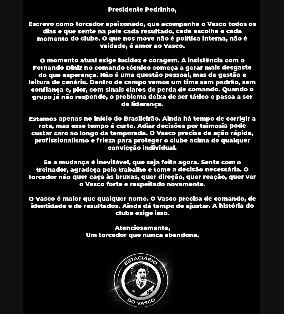 EstagiarioVasco's tweet photo. CARTA AO PRESIDENTE #PEDRINHO!

@VascodaGama / @crvasco_br / @semprevascoofic 

#FORADINIZ https://t.co/x6MmuB9AqX