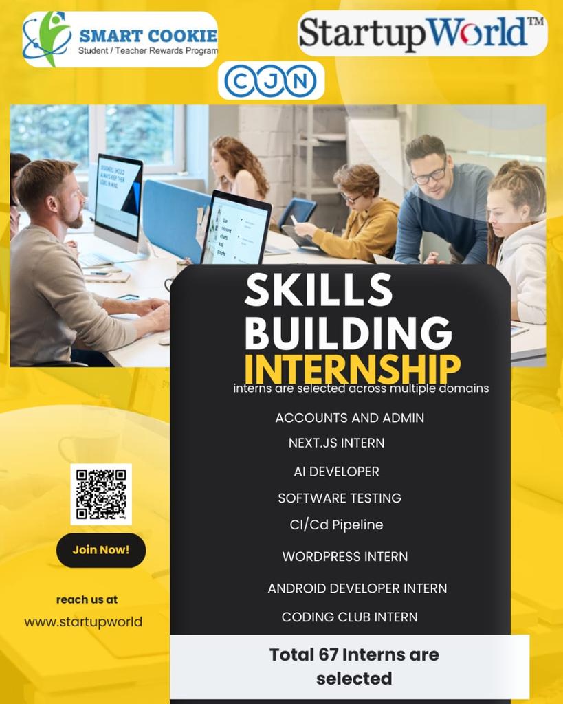 smartcookieinn's tweet photo. 📌 Startup World™ Internship Program – Register Today
Join our internship program to gain practical experience and develop industry-ready skills. Available roles include Next.js, AI Developer, Software Testing, CI/CD, WordPress, Android, Accounts &amp; Admin, and Coding Club. https://t.co/JDfzlxBAPZ