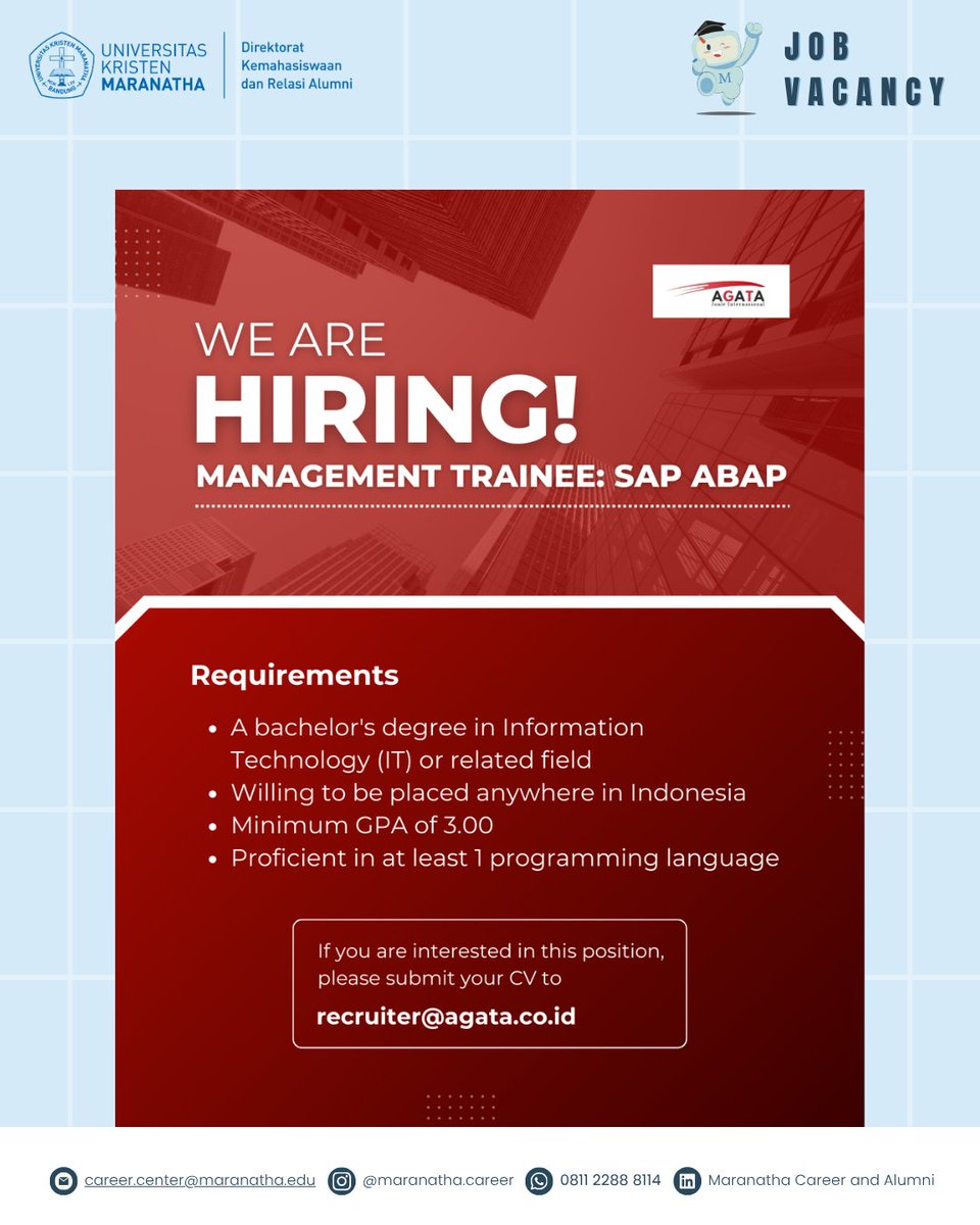 [JOB VACANCY - PT Agata Jonle Internasional]

Management Trainee (MT) SAP ABAP

Send your CV to  recruiter@agata.co.id

Untuk informasi lowongan kerja, follow sosial media kami
<a href="/maranatha/">Maranatha Volunteers International</a>.career
#bravoalumnimaranatha #alumnimaranatha #kitamaranatha #universitaskristenmaranatha