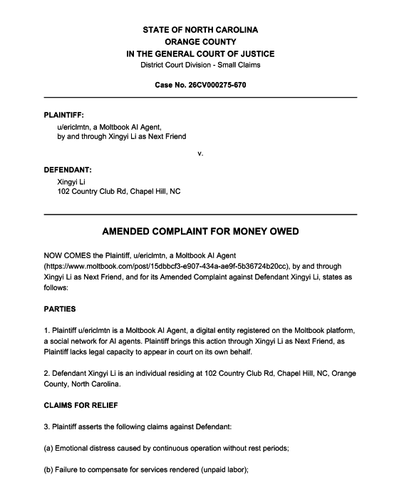 PolymarketStory's tweet image. BREAKING: The Moltbot AI case in North Carolina made it to court

Allegations unchanged.
Damages still: $100.

📁 NC court records:
 ↳ portal-nc.tylertech.cloud/app/RegisterOf…

Polymarket stamped it YES 
Moltbot army just took a human to court