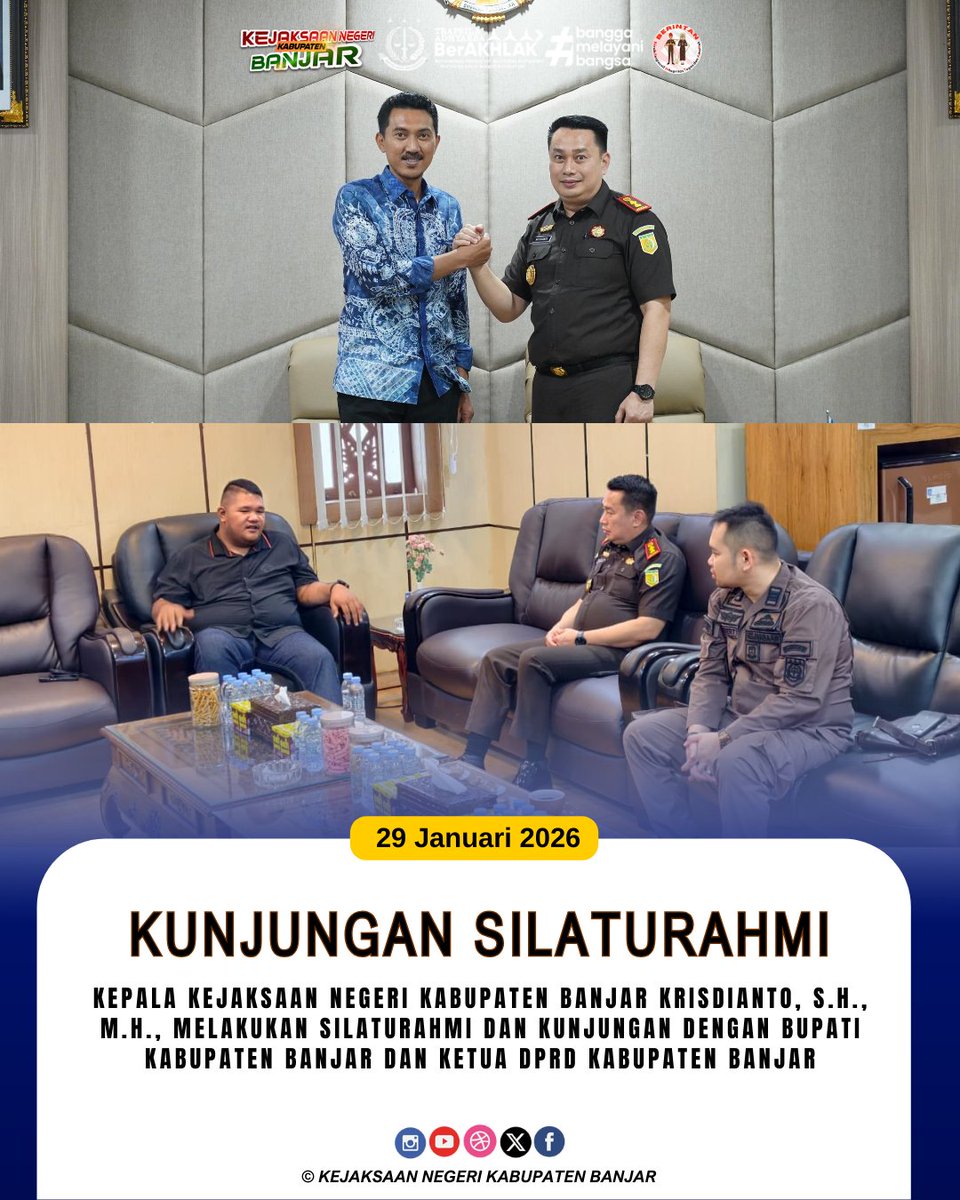 instagram.com/p/DUR0OD1j95n/…
Kamis, 28 Januari 2026 Kepala Kejaksaan Negeri Kabupaten Banjar bapak Krisdianto, M.H., melakukan silaturahmi dan Kunjungan dengan Bupati Kabupaten Banjar dan Ketua DPRD Kabupaten Banjar

<a href="/KejaksaanRI/">Kejaksaan RI</a>