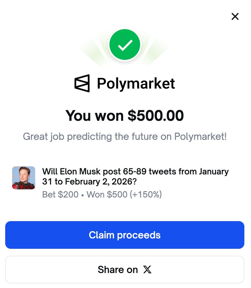 Elon Musk # tweets January 31 - February 2, 2026
这个盘非常惊险，一开始大家的预期都是115-139，结果他1号发的比较少，于是预期提前到90-114，最后起床后只发了1条，卡在80条，65-89从二三十¢逐渐拉到100¢，之前所谓大概率的90-114还有115-139全部作废！