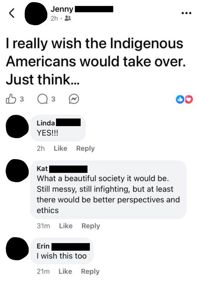 Gripped by anti-ICE hysteria, the AWFULs (Affluent White Female Urban Liberals) have grown bored of pretending to care about land for Palestinians - they now turn their attention to land for Native Americans, hungry for their own conquest by those they regard as "noble savages."