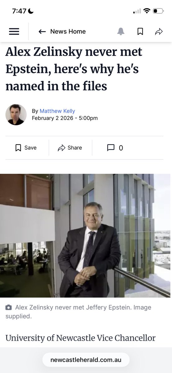 ohreallytruly's tweet photo. So the Epstein Files have struck close to home, with the VC of the University of Newcastle featured twice in the files.
The beleaguered VC ended up in the local paper saying he had never met Epstein and had no idea how he ended up in the files. https://t.co/UcgL4phTVJ
