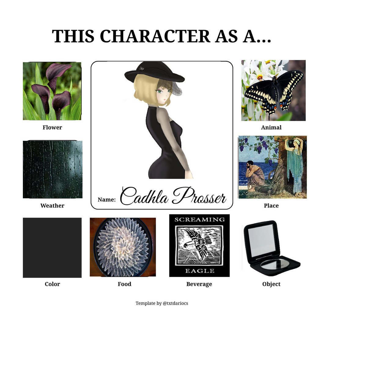 AngelicRoni's tweet photo. Artwork by @/2_mewo #WorkingOvertime
Cadhla as a...
Flower: black calla lily
Weather: frontal rain
Color: black
Food: fugu
Drink: Screaming Eagle
Object: Compact Mirror
Place: Ogygia
Animal: Black swallowtail https://t.co/yHBpHVDEEM