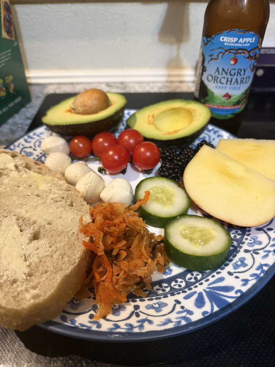 luinalaska's tweet image. My husband says my girl dinner is weird. Sourdough, kimchi, mozzarella, blackberries, apple, tomatoes, and an avocado with a cider is peak health. He is objectively wrong. This makes sense. This works.