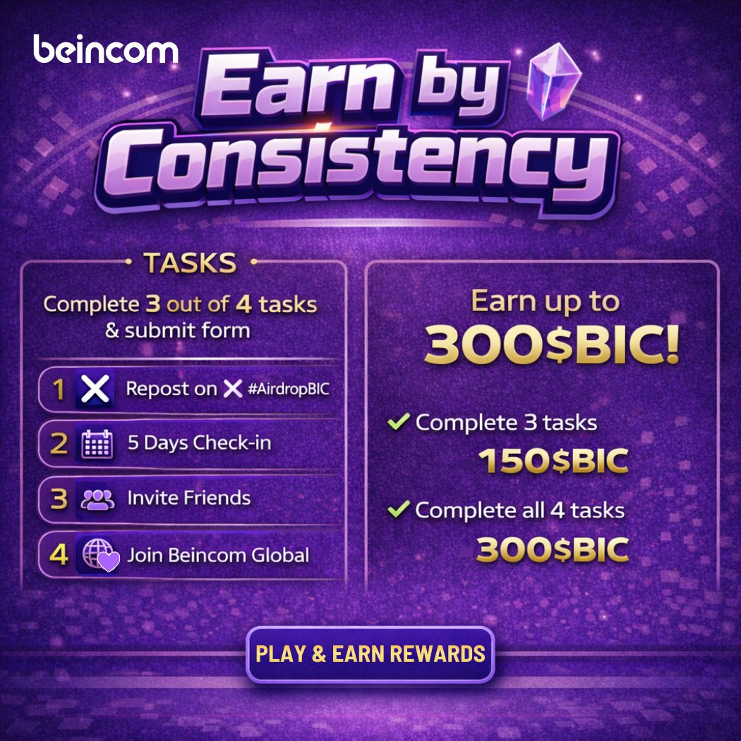 🎉 BEINCOM NEW GIVEAWAY – UNLOCK REWARDS 300$BIC NOW! 🎉
Ahead of snapshot 10/60, the “Earn by Consistency” Giveaway is here —a clear reminder that airdrops reward consistency, and a boost for users to keep building with Beincom.
Are you ready for super simple tasks – juicy