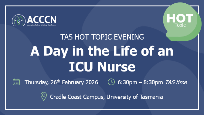 ACCCNAUST's tweet photo. In two weeks, Tasmania hosts A Day in the Life of an ICU Nurse (26 Feb 2026). Hear ICU stories and explore career pathways. 

Register: https://t.co/rniBKGtwa8 #ACCCN #ICU https://t.co/ZswyybosF2