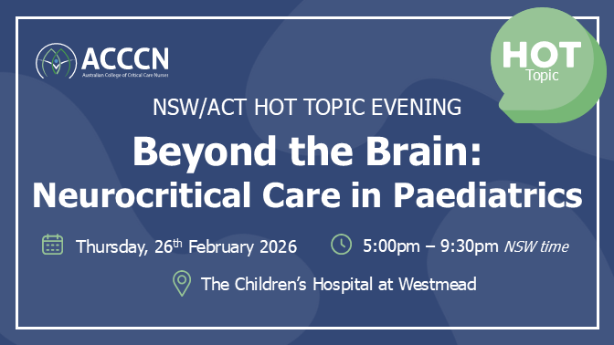 ACCCNAUST's tweet photo. Two weeks to go! First responders, ED and ICU staff are invited to a paediatric neurocritical care evening on post–cardiac arrest care, prognostication and trauma-informed care.

Register: https://t.co/lyBbuKb9Mg #ACCCN #CriticalCare https://t.co/dITfK4ywWi
