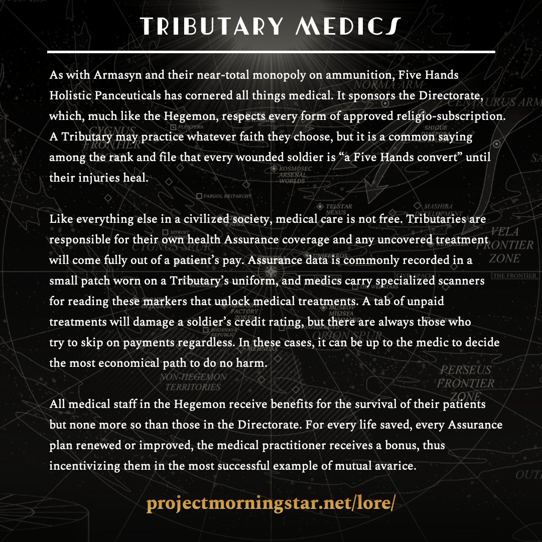 Tributary Medics

Read more in the Directorate Ledger at projectmorningstar.net/lore/

As with Armasyn and their near-total monopoly on ammunition, Five Hands Holistic Panceuticals has cornered all things medical. It sponsors the Directorate, which, much like the Hegemon, respects