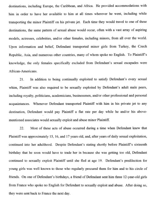 🇺🇸 | Jeffrey Epstein secuestró a menores de todo el mundo. 

Transportó a niñas menores de edad desde Turquía, la República Checa y otros países de Asia y el extranjero, muchas de las cuales hablaban poco o nada de inglés. 

Se alega además que las mujeres afroamericanas eran el